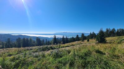 Widok na Tatry i zasnute chmurami Jezioro Czorsztyńskie z Długich Maków