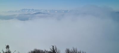 Widok na Tatry przez rzekę mgieł z wieży widokowej na Mogielicy