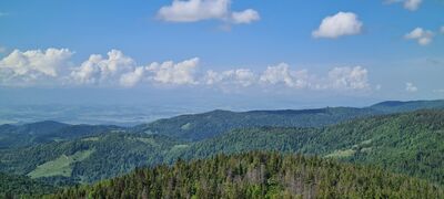 Widok z wieży widokowej na Gorcu w kierunku Magurki (widoczna wieża widokowa). Tatry pod chmurami ledwo widoczne.