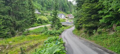 Widok z czerwonego szlaku na parking i mostek nad Potokiem Zasadnym