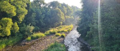 Łodygowice, Urząd Gminy ↔ Łodygowice [Poranny czerwony szlak nad Żylicą w Łodygowiach]