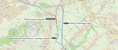 Strzyżowice ↔ Grodziec, ul. Wojska Polskiego [Mapka rzeczywistego częsciowo zarośniętego przebiegu szlaku między Brzezinami a Strzyżowicami.]