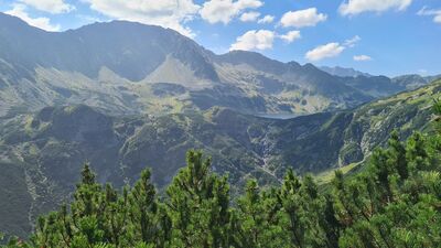 Widok na Stawy Polskie z żółtego szlaku w Żlebie pod Krzyżnem