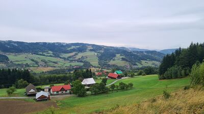 Widok na Jeżową Wodę (895 m n.p.m) przez wieś Młyńczyska