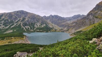 Widok na Czarny Staw Gąsienicowy z czarnego szlaku na Karb