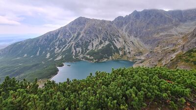 Widok na Czarny Staw Gąsienicowy z czarnego szlaku na Karb