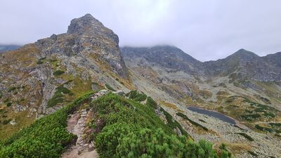 Widok na Kościelec z czarnego szlaku na Karb
