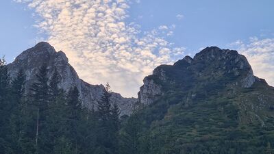 Giewont i Mały Giewont z czerwonego szlaku na Grzybowcu o poranku