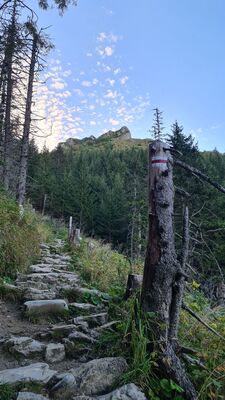Czerwony szlak na Giewont o poranku na wysokości ok. 1450 m n.p.m.