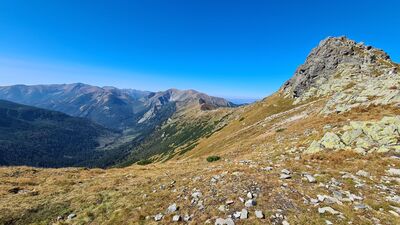 Widok z czerwonego szlaku w kierunku szczytu Beskid (po prawej)