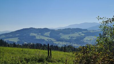 Widok w kierunku Potaczkowej (krzyż) z łąki przy żółtym szlaku