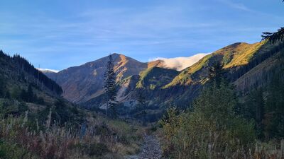 Starorobociański Wierch widziany z Doliny Starorobociańskiej pod Małym Kopieńcem. Kończysty Wierch za chmurką.