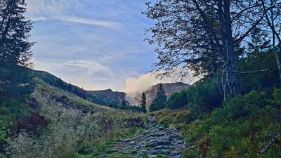 Widok z czarnego szlaku w Dolinie Starobociańskiej na Siwy Zwornik w chmurach