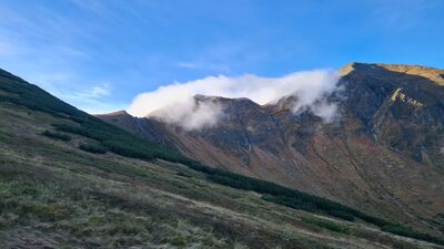 Siwy Zwornik z Starorobociański Wierch widziane z czarnego szlaku pod Kotłowym Siodłem