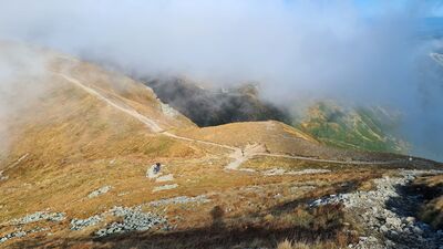 Strome zejście czerwonym szlakiem z Błyszcza. W dole przełęcz Bystry Karb.