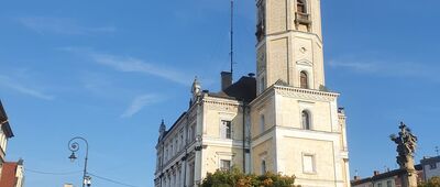 Lądek Zdrój [Lądecki rynek z ratuszem i pomnikiem Trójcy Świętej]