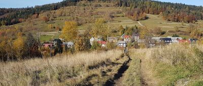 Polana Gronie ↔ Rola Jabconiowa [Widok ponad górną częścią Skomielnej Czarnej, przysiółka Jabconiowa (formalnie domy na lewo od przełęczy należą już do Osielca) na Magurkę]