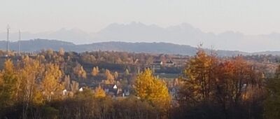 Zarębki ↔ Jordanów, stacja paliw [Widok ze stoków Łysej Góry nad Jordanowem na Tatry i Podhale, od lewej Zadnie Jatki, Szalony, Płaczliwa Skała, Hawrań, Kieżmarski, Łomnica z Pysznym, Baranie Rogi, Lodowy, niski Ostry, Jaworowy i Mały Jaworowy, Staroleśny]