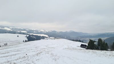 Widok z polany widokowej nad Jaworkami przy czerwonym szlaku. W tle Trzy Korony i Holica