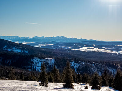 Tatry z tarasu schroniska PTTK Rysianka