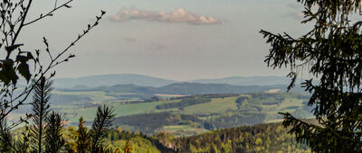 Szczeliniec Wielki, odejście szlaku niebieskiego ↔ Szczeliniec Wielki, parking [Widok na północ z żółtego szlaku na Szczeliniec Wielki]