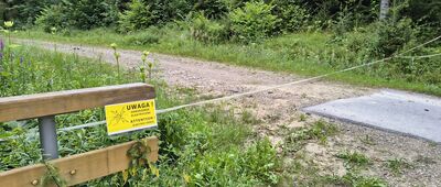 Muczne, domek myśliwski ↔ Pokazowa Zagroda Żubrów w Mucznem [Przejście elektryzuje]