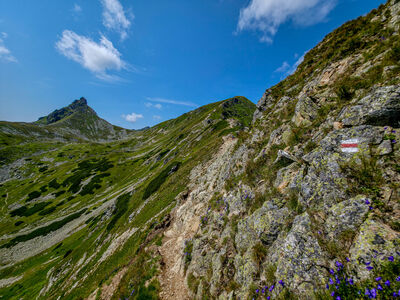 Czerwony szlak na Wołowiec. Po lewej Ostry Rohacz.