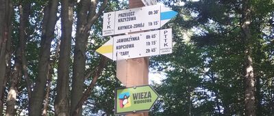 Drabiakówka [Oznakowania szlaków z czasami, w drodze na Drabiówkę niebieskim (i żółtym) szlakiem]