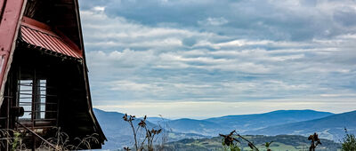 Koninki ↔ Skrzyżowanie przy polanie Jaworzyna Porębska [Widok z w kierunku Rabki Zdroju z zielonego szlaku na Tobołów nad Polaną Jaworzyna Porębska]