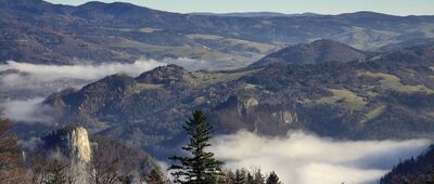 Trzy Korony [Sokolica widziana z platformy widokowej na Trzech Koronach]