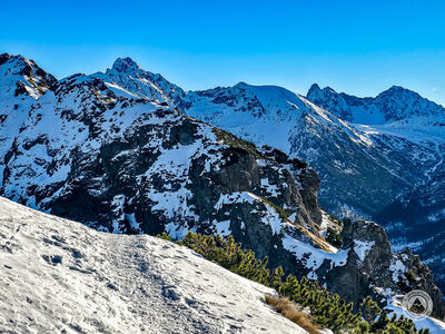 Widok z Głównej Grani Tatr. Od lewej: Świnica, Mięgusze i Koprowski Szczyt