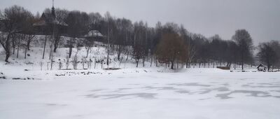 Lublin, skansen, staw [Kościół z Matczyna i staw skuty lodem]
