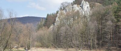 Dubie, Za Piłą ↔ Radwanowice [Pierwsze skałki Doliny Racławki we wsi Dubie]